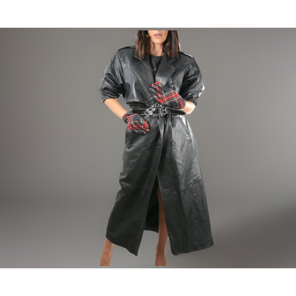 VTg Tannery West Black Leather Trench Coat -Quality 2 Chunky Designer Belts Sz M - Picture 1 of 16
